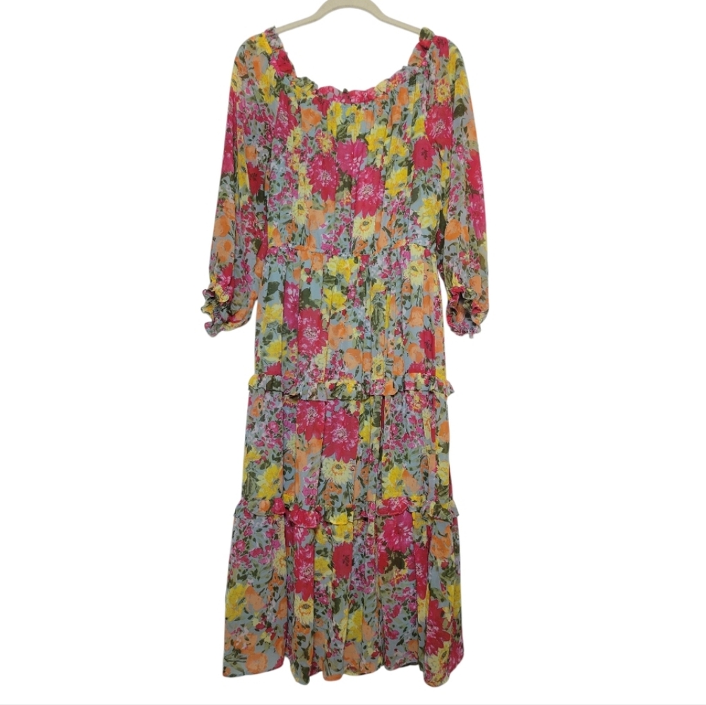 LC Lauren Conrad Off The Shoulder Midi Dress Floral Print Puff Sleeves Boho XL - Picture 4 of 11